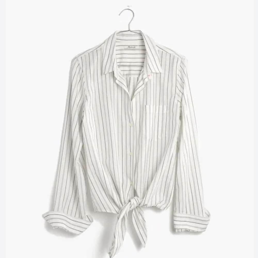 Madewell Tie-Front Shirt in Maitland Stripe‎ White Blue Stripe 100% Cotton Small